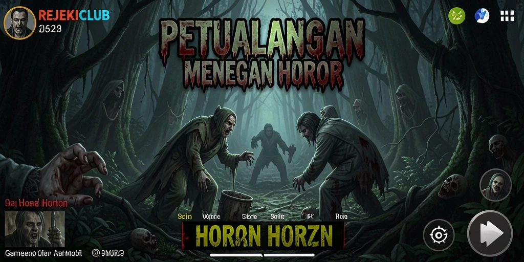 Tampilan antarmuka menakutkan dari REJEKICLUB yang menggambarkan hutan horor.