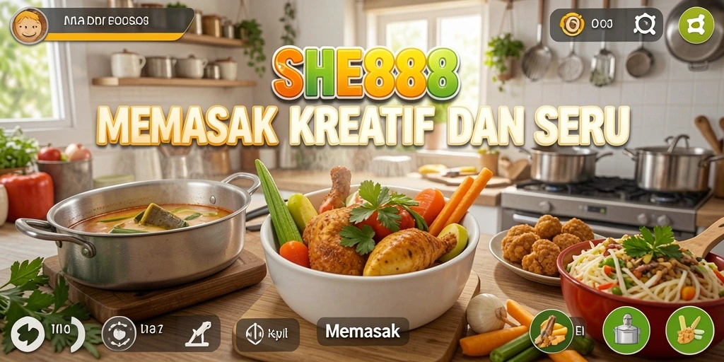 Screenshot antarmuka SHE888 menampilkan suasana dapur yang ceria.
